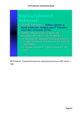 The Enterprise Architecture Book




META Delta 46, "Federated Architectures: Integrating Autonomous LOBs", March 1,
1999.




                                                                        Page 21
 
