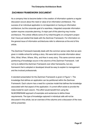 The Enterprise Architecture Book


ZACHMAN FRAMEWORK DOCUMENT

As a company tries to become better in the creation of information systems a regular
discussion occurs about the need or value of an information architecture. The
success of an individual application is not dependent on having an information
architecture, but the corporate goal of a seamless, integrated corporate information
system requires corporate planning. A major part of this planning may involve
architecture. This article reflects some of my initial thoughts on a long-term project
that I have just started that deals with the Zachman Framework. For information on
the general issue of information architectures refer to references at the end of this
article.


The Zachman Framework basically deals with the common sense rules that we were
given in middle school for writing a story. We were told to provide information about
Who, What, When, Where, Why, and How in every story. This same common sense
partitioning of knowledge occurs in the columns of the Zachman Framework. I will
not try to defend the Zachman Framework over other frameworks, but any
framework that is adopted or developed should be easy to explain to management
and the involved professionals.


A standard presentation for the Zachman Framework is given in Figure 1. The
knowledge that defines an application can be partitioned within the Zachman
Framework. Each column has a need for a precise model that defines the knowledge
associated with that aspect of the application. A current effort exists to provide the
meta-model for each column. This effort would benefit from using the
NLM/ORM/NIAM approach of examples and sentences to define these
requirements. The type of knowledge captured in individual cells will not be
discussed in this article, but an overview of the columns and a discussion of the rows
will be presented.




                                                                                Page 87
 