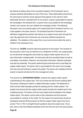 The Enterprise Architecture Book


My attempt at adding value to the successful adoption of this framework was to
propose standard deliverables for each of the rows. These deliverables should have
the same type of common sense approach that appears in the columns. Each
deliverable will have a standard form for its content, a person responsible for placing
the knowledge in the standard form, a person that is accountable for the knowledge
content, and a person who can validate the knowledge content. The following
discussion may more directly apply to the original Zachman Framework columns, but
it also applies to the other columns. The standard Zachman Framework row
definitions suggest that precision will improve as a project moves down through the
rows. My approach here is that each row must have sufficient precision for
validation. The validation of the output from a row must be done before the work is
initiated in the subsequent row.


The first row, SCOPE, presents high level guidance for the project. The contents of
this document, which may be referred to as a Statement of Work, are usually guided
by non-technical management and written by subject matter experts who do not
have information modeling skills. The document will have wonderful ideas as well as
incomplete, inconsistent, irrelevant, and redundant information. Random examples
may also be presented. The person performing the technical work is most likely the
subject matter expert. The person who is accountable for this work is the manager
who has procured funding to support the project. The person who validates that this
project is required will also be from the management ranks.


The second row, ENTERPRISE MODEL, presents the subject matter experts
understanding of the subject area. This row involves the first formal modeling effort.
The person creating the model is a skilled information analyst. The Statement of
Work and the initial examples provide the starting point for model creation. The
analyst must ensure that the subject matter expert provides the needed input to the
modeling process. The person with the most subject area knowledge is the subject
matter expert. This expert must be able to fully understand and thus become
accountable for contents of the model. For this reason the requirements should be
developed using the NLM procedure so that the subject matter expert only has to
answer "Yes" or "No" to straight forward questions about the subject area. I have,
also, seen a Use Case Model developed at this time that can serve the dual purpose

Page 90
 