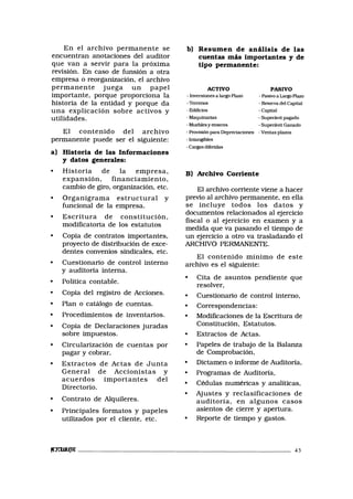 En el archivo permanente se
encuentran anotaciones del auditor
que van a servir para la próxima
revisión. En caso de funsión a otra
empresa o reorganización, el archivo
permanente juega un papel
importante, porque proporciona la
historia de la entidad y porque da
una explicación sobre activos y
utilidades.
El contenido del archivo
permanente puede ser el siguiente:
a) Historia de las Informaciones
y datos generales:
• Historia de la empresa,
expansión, financiamiento,
cambio de giro, organización, etc.
• Organigrama estructural y
funcional de la empresa.
• Escritura de constitución,
modificatoria de los estatutos
• Copia de contratos importantes,
proyecto de distribución de exce-
dentes convenios sindicales, etc.
• Cuestionario de control interno
y auditoría interna.
• Política contable.
• Copia del registro de Acciones.
• Plan o catálogo de cuentas.
• Procedimientos de inventarios.
• Copia de Declaraciones juradas
sobre impuestos.
• Circularización de cuentas por
pagar y cobrar,
• Extractos de Actas de Junta
General de Accionistas y
acuerdos importantes del
Directorio.
• Contrato de Alquileres.
• Principales formatos y papeles
utilizados por el cliente, etc.
b) Resumen de análisis de las
cuentas más importantes y de
tipo permanente:
ACTIVO
- Inversiones a largo Plazo
- Terrenos
- Edificios
- Maquinarias
- Muebles y enseres
- Provisión para Depreciaciones
- Intangibles
- Cargas diferidas
PASIVO
- Pasivo a Largo Plazo
- Reserva del Capital
- Capital
- Superávit pagado
- Superávit Ganado
- Ventas plazos
B) Archivo Corriente
El archivo corriente viene a hacer
previo al archivo permanente, en ella
se incluye todos los datos y
documentos relacionados al ejercicio
fiscal o al ejercicio en examen y a
medida que va pasando el tiempo de
un ejercicio a otro va trasladando el
ARCHIVO PERMANENTE.
El contenido mínimo de este
archivo es el siguiente:
• Cita de asuntos pendiente que
resolver,
• Cuestionario de control interno,
• Correspondencias:
• Modificaciones de la Escritura de
Constitución, Estatutos.
• Extractos de Actas.
• Papeles de trabajo de la Balanza
de Comprobación,
• Dictamen o informe de Auditoría,
• Programas de Auditoría,
• Cédulas numéricas y analíticas,
• Ajustes y reclasificaciones de
auditoría, en algunos casos
asientos de cierre y apertura.
• Reporte de tiempo y gastos.
ÜOTUIJJW 43
 