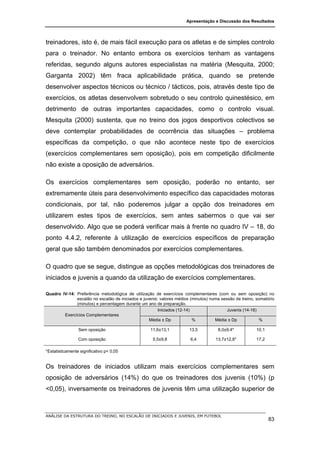Apresentação e Discussão dos Resultados




treinadores, isto é, de mais fácil execução para os atletas e de simples controlo
para o treinador. No entanto embora os exercícios tenham as vantagens
referidas, segundo alguns autores especialistas na matéria (Mesquita, 2000;
Garganta 2002) têm fraca aplicabilidade prática, quando se pretende
desenvolver aspectos técnicos ou técnico / tácticos, pois, através deste tipo de
exercícios, os atletas desenvolvem sobretudo o seu controlo quinestésico, em
detrimento de outras importantes capacidades, como o controlo visual.
Mesquita (2000) sustenta, que no treino dos jogos desportivos colectivos se
deve contemplar probabilidades de ocorrência das situações – problema
específicas da competição, o que não acontece neste tipo de exercícios
(exercícios complementares sem oposição), pois em competição dificilmente
não existe a oposição de adversários.

Os exercícios complementares sem oposição, poderão no entanto, ser
extremamente úteis para desenvolvimento específico das capacidades motoras
condicionais, por tal, não poderemos julgar a opção dos treinadores em
utilizarem estes tipos de exercícios, sem antes sabermos o que vai ser
desenvolvido. Algo que se poderá verificar mais à frente no quadro IV – 18, do
ponto 4.4.2, referente à utilização de exercícios específicos de preparação
geral que são também denominados por exercícios complementares.

O quadro que se segue, distingue as opções metodológicas dos treinadores de
iniciados e juvenis a quando da utilização de exercícios complementares.

Quadro IV-14: Preferência metodológica de utilização de exercícios complementares (com ou sem oposição) no
              escalão no escalão de iniciados e juvenis: valores médios (minutos) numa sessão de treino, somatório
              (minutos) e percentagem durante um ano de preparação.
                                                        Iniciados (12-14)                 Juvenis (14-16)
        Exercícios Complementares
                                                   Média ± Dp             %         Média ± Dp            %

                 Sem oposição                       11,6±13,1          13,5          8,0±9,4*            10,1

                 Com oposição                        5,5±9,8            6,4         13,7±12,8*           17,2

*Estatisticamente significativo p< 0,05


Os treinadores de iniciados utilizam mais exercícios complementares sem
oposição de adversários (14%) do que os treinadores dos juvenis (10%) (p
<0,05), inversamente os treinadores de juvenis têm uma utilização superior de



ANÁLISE DA ESTRUTURA DO TREINO, NO ESCALÃO DE INICIADOS E JUVENIS, EM FUTEBOL
                                                                                                                83
 