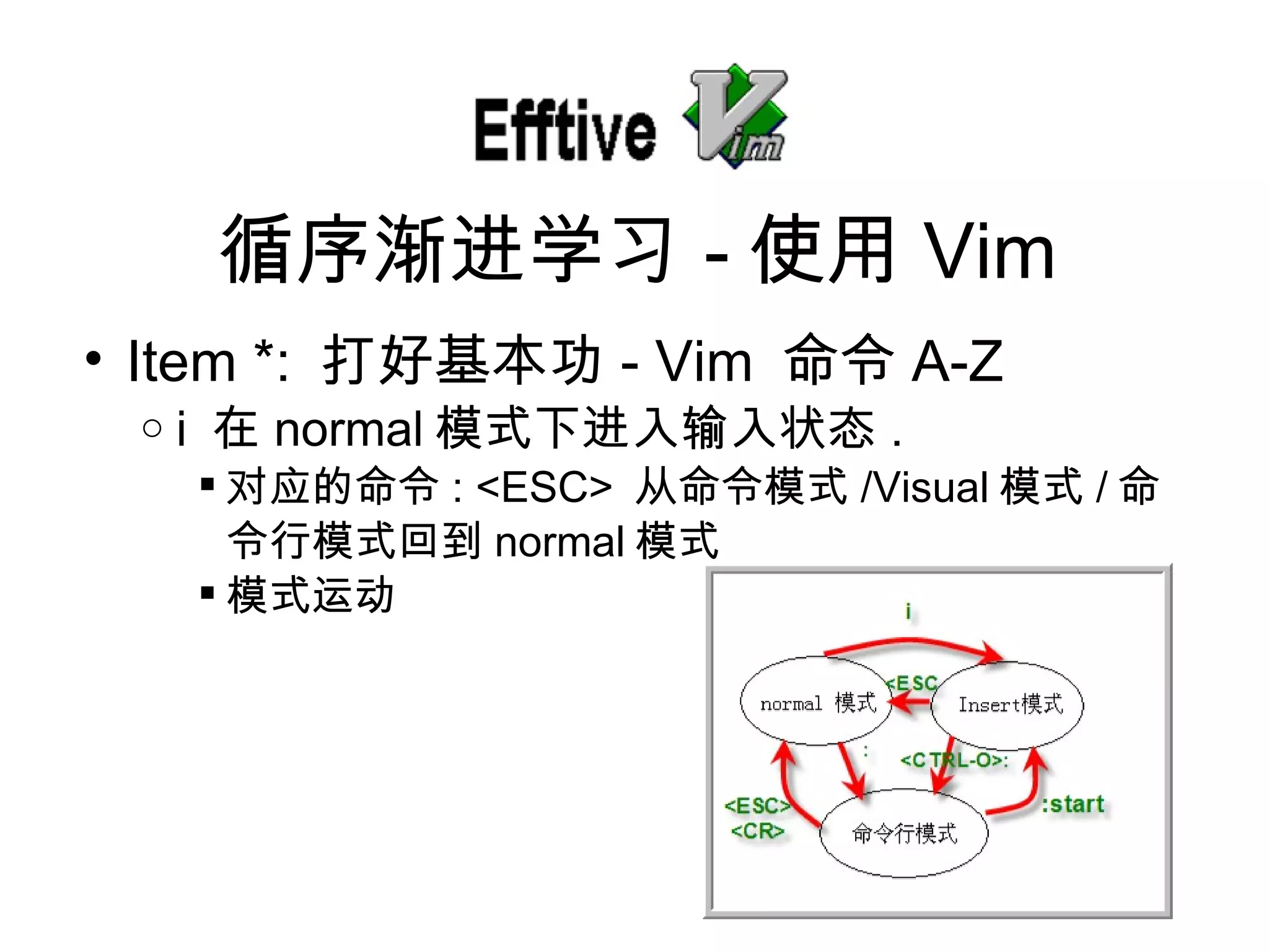 Item *:  打好基本功 - Vim  命令 A-Z i  在 normal 模式下 进入输入状态 . 对应的命令 : <ESC>  从命令模式 /Visual 模式 / 命令行模式回到 normal 模式 模式运 动 循序 渐进学习 - 使用 Vim 