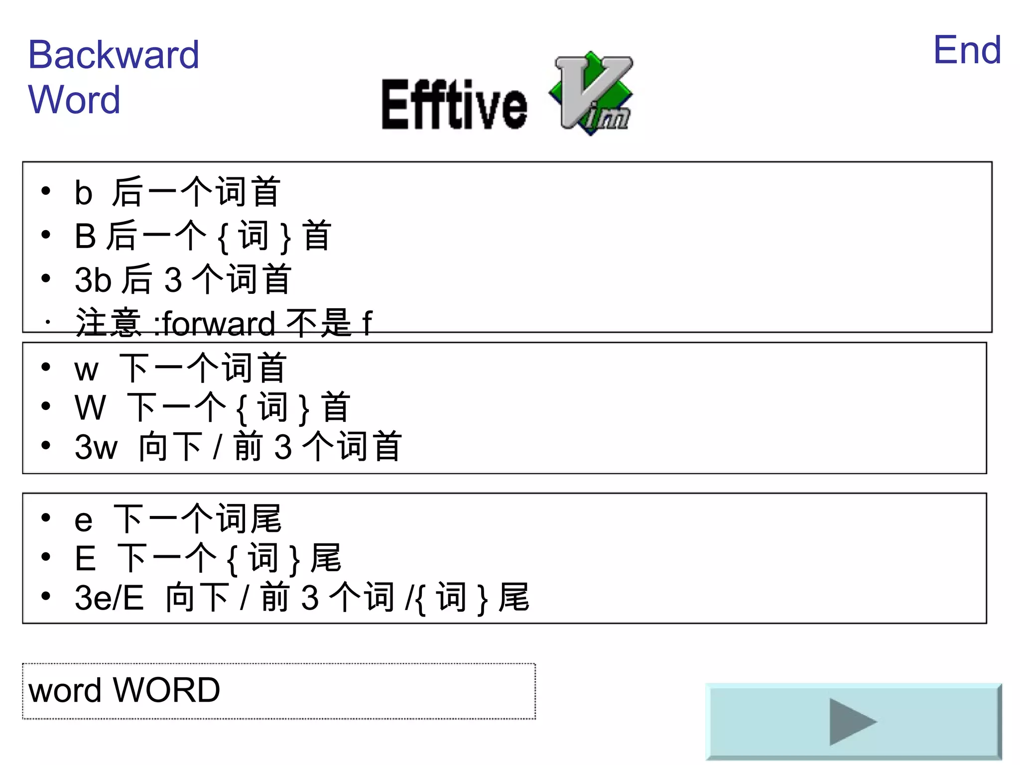 b  后一个 词首 B 后一个 { 词 } 首 3b 后 3 个 词首 注意 :forward 不是 f Backward Word End w  下一个 词首 W  下一个 { 词 } 首 3w  向下 / 前 3 个 词首 e  下一个 词尾 E  下一个 { 词 } 尾 3e/E  向下 / 前 3 个 词 /{ 词 } 尾 word WORD 