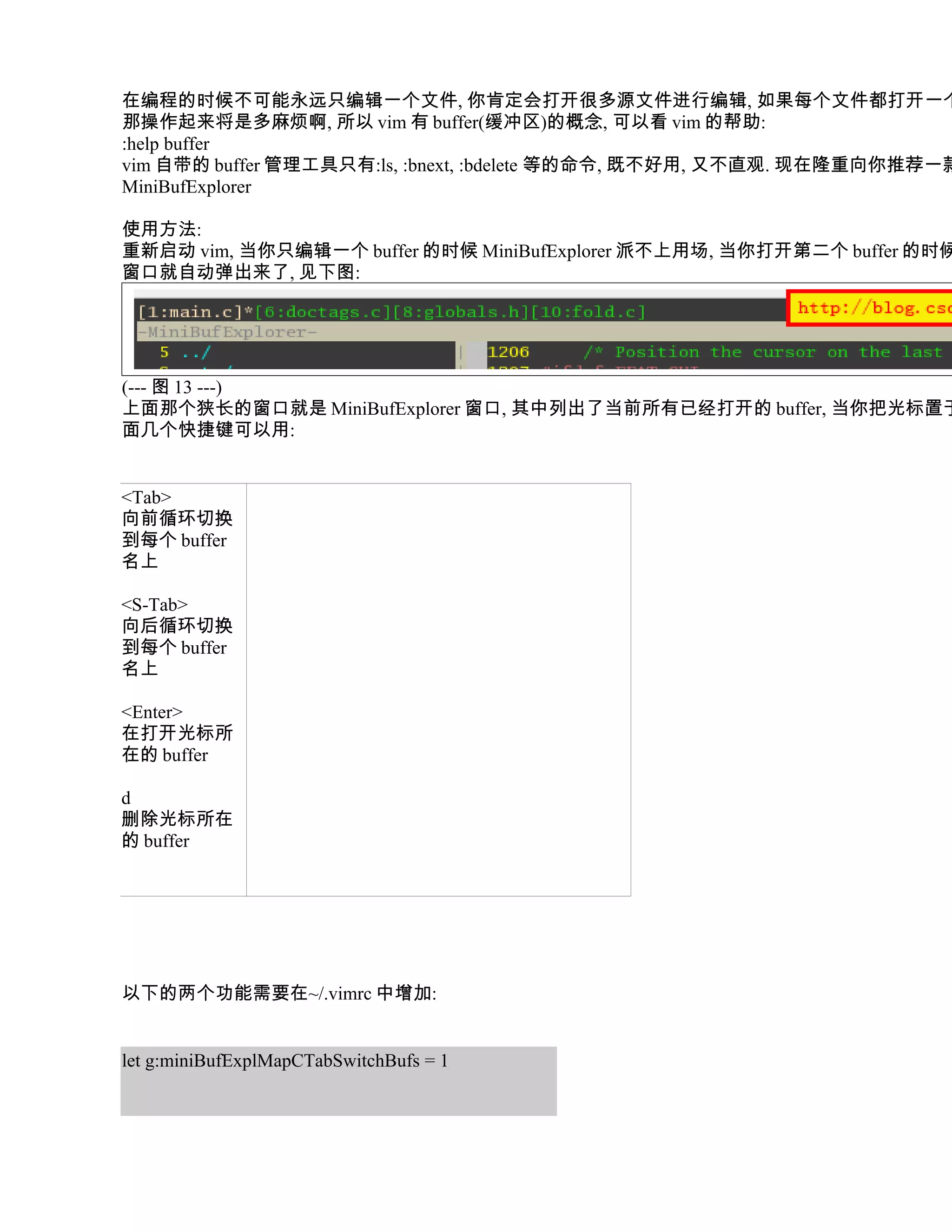 在编程的时候不可能永远只编辑一个文件, 你肯定会打开很多源文件进行编辑, 如果每个文件都打开一个
那操作起来将是多麻烦啊, 所以 vim 有 buffer(缓冲区)的概念, 可以看 vim 的帮助:
:help buffer
vim 自带的 buffer 管理工具只有:ls, :bnext, :bdelete 等的命令, 既不好用, 又不直观. 现在隆重向你推荐一款
MiniBufExplorer

使用方法:
重新启动 vim, 当你只编辑一个 buffer 的时候 MiniBufExplorer 派不上用场, 当你打开第二个 buffer 的时候
窗口就自动弹出来了, 见下图:




(--- 图 13 ---)
上面那个狭长的窗口就是 MiniBufExplorer 窗口, 其中列出了当前所有已经打开的 buffer, 当你把光标置于
面几个快捷键可以用:


<Tab>
向前循环切换
到每个 buffer
名上

<S-Tab>
向后循环切换
到每个 buffer
名上

<Enter>
在打开光标所
在的 buffer

d
删除光标所在
的 buffer




以下的两个功能需要在~/.vimrc 中增加:


let g:miniBufExplMapCTabSwitchBufs = 1
 