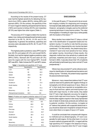 Chinese Journal of Traumatology 2009; 12(2):1-4                                                                           .3.



    According to the results of the present study, CT                                     DISCUSSION
scan had the highest sensitivity for detecting the inju-
ries to liver (100%), spleen (86.6%), kidney (80%) and                  In the past 20 years, CT has proved to be an excel-
stomach (80%). On the contrary, the specificity of the              lent imaging modality for diagnosing and managing
CT-scan images for detecting retroperitoneal hematoma               hemodynamically stable patients with abdominal injuries.9
(100%) and injuries to kidney (93.5%) and mesentery                 However, sonography is largely used as the preferred
(87.5%) was higher than other organs (Table 1).                     screening technique in many trauma centers. The value
                                                                    of sonography in revealing an organ injury varies greatly
    The accuracy of CT images to detect the injuries to             with the location of the lesion.10, 11
spleen, liver, kidney and retroperitoneal hematoma were
reported to be 96.1%, 94.4%, 91.6% and 91.6%                            Many studies have stated that CT plays a critical
respectively. In general, the sensitivity, specificity and          role in the identification of suspected bowel and me-
accuracy were calculated as 63.9%, 82.1% and 77.2%                  senteric injuries. It is worthy to note that the accuracy
respectively.                                                       of this method in diagnosing the very injuries has been
                                                                    questioned.12 On the contrary, the present study docu-
    The highest positive predictive value (PPV) was for             mented CT scan to be more sensitive for liver, kidney
liver (83.3%) and spleen (81.2%) and overall 56.8%.                 and spleen injuries. According to these results, this
Similarly, liver had the highest negative predictive value          diagnostic method has a low sensitivity in patients with
(NPV) (100%). Stomach (94.7%) and colon (91.3%)                     pancreas, mesentery and colon injury. In a study per-
were the organs with the next highest NPV. Overall                  formed in 2003, it was also shown that 13% of patients
NPV was 86%. Table 2 shows the PPV and NPV values.                  with perforated small bowel injury had a normal CT scan
        Table 1. Sensitivity and specificity of CT scan             preoperatively.13
Organs                        Sensitivity(%)       Specificity(%)
Liver                              100                 66.6             Others have documented CT as the reference tech-
Kidney                               80                93.5
                                                                    nique for identification of retroperitoneal hematoma and
                                                                    kidney injuries.14 Similarly, the present study supported
Spleen                               86.6              85.7
                                                                    the abovementioned results.
Pancreas                             45.4              80

Stomach                              80                58                Moreover, many researchers believe that CT scan
Duodenum                             71.4              72.4         could be reserved for patients with negative findings on
Small intestine                      75                75           sonography and clinical suspicious of injury. Marco et
Colon                                50                81.2         al11 in their study have reported an acceptable accu-
                                                                    racy for fluid and liver, splenic and renal injuries in pa-
Mesentery                            25                87.5
                                                                    tients with major trauma. In other words, they stated
Retroperitoneal hematoma             62.5            100
                                                                    that CT had a high diagnostic accuracy for single le-
Table 2. Positive and negative predictive values of CT scan         sions in both major and minor trauma. They suggested
Organs                                    PPV(%)      NPV(%)        that the false negative reports in their study represented
Liver                                       83.3        100         lack of detail of whole body protocols and artifacts due
                                                                    to patients’ condition. On the contrary, Livingston et
Kidney                                      66.6            86.1
                                                                    al15 believe that patients with suspected abdominal in-
Spleen                                      81.2            90
                                                                    jury should be observed in hospital for at least 24 hours
Pancreas                                    50              74.9
                                                                    even when there is no signs of injury in CT scans
Stomach                                     23.5            94.7

Duodenum                                    38.4            91.3        It could be concluded that compared with diagnos-
Small intestine                             60              85.7    tic methods such as ultrasonography, CT scan is es-
Colon                                       25              92.8    pecially for solid organs. On the other hand, it is not an
                                                                    invasive method compared with DPL. In regard with the
Mesentery                                   71.4            48.2
                                                                    high specificity of CT images in the absence of injury,
Retroperitoneal hematoma                  100               90.3
                                                                    no laparotomy is required when the CT scan images
 
