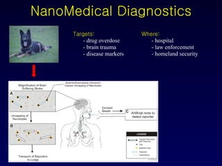 NanoMedical Diagnostics Targets: - drug overdose - brain trauma - disease markers Where: - hospital - law enforcement - homeland security 