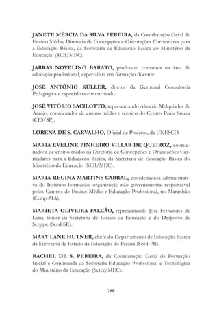 268
JANETE MÉRCIA DA SILVA PEREIRA, da Coordenação Geral de
Ensino Médio, Diretoria de Concepções e Orientações Curriculares para
a Educação Básica, da Secretaria de Educação Básica do Ministério da
Educação (SEB/MEC).
JARBAS NOVELINO BARATO, professor, consultor na área de
educação proﬁssional, especialista em formação docente.
JOSÉ ANTÔNIO KÜLLER, diretor da Germinal Consultoria
Pedagógica e especialista em currículo.
JOSÉ VITÓRIO SACILOTTO, representando Almério Melquíades de
Araújo, coordenador de ensino médio e técnico do Centro Paula Souza
(CPS/SP).
LORENA DE S. CARVALHO, Oﬁcial de Projetos, da UNESCO.
MARIA EVELINE PINHEIRO VILLAR DE QUEIROZ, coorde-
nadora de ensino médio na Diretoria de Concepções e Orientações Cur-
riculares para a Educação Básica, da Secretaria de Educação Básica do
Ministério da Educação (SEB/MEC).
MARIA REGINA MARTINS CABRAL, coordenadora administrati-
va do Instituto Formação, organização não governamental responsável
pelos Centros de Ensino Médio e Educação Proﬁssional, no Maranhão
(Cemp-MA).
MARIETA OLIVEIRA FALCÃO, representando José Fernandes de
Lima, titular da Secretaria de Estado da Educação e do Desporto de
Sergipe (Seed-SE).
MARY LANE HUTNER, chefe do Departamento de Educação Básica
da Secretaria de Estado da Educação do Paraná (Seed-PR).
RACHEL DE S. PEREIRA, da Coordenação Geral de Formação
Inicial e Continuada da Secretaria Educação Proﬁssional e Tecnológica
do Ministério da Educação (Setec/MEC).
 