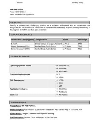 Resume Sandeep Dubey
SANDEEP DUBEY
Phone: +919919185647
Mailto: sandeepcs0091@gmail.com
_____________________________________________________________________________________________________
Seeking a professionally challenging position as a software professional with an organization that
recognizes and values individual contribution to implement the skills being acquired, thereby contributing to
the progress of the firm and thus grow personally.
Qualification Category(Year) College/School Board Percentage
B. Tech. United College of Engg. & Research U.P.T.U. 67.08
Higher Secondary (2010) Hariher Singh Public School U.P. Board 72.40
Senior Secondary (2008) Hariher Singh Public School U.P. Board 71.33
Operating Systems Known  Windows XP
 Windows 7
 Windows 8
Programming Languages  C
 JAVA
Web Development  HTML
 CSS
 JSP
Application Softwares  MS-Office
 Net Beans
Databases  MS Access
Project Name: MY JOB PORTAL
Brief Description: We designed a Job oriented website for India with the help of JAVA and JSP.
Project Name: Longest Common Subsequence Sorting
Brief Description: Worked On as mini project in Pre-Final year.
OBJECTIVE
EDUCATIONAL PROFILE
TECHNICAL PROFILE
Academic Projects
 