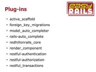 Plug-ins

    active_scaffold

    foreign_key_migrations

    model_auto_completer

    rails-auto_complete

    redhillonrails_core

    render_component

    restful-authentication

    restful-authorization

    restful_transactions
 