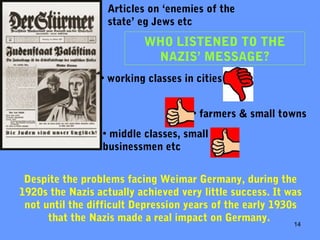 14
Despite the problems facing Weimar Germany, during the
1920s the Nazis actually achieved very little success. It was
not until the difficult Depression years of the early 1930s
that the Nazis made a real impact on Germany.
Articles on ‘enemies of the
state’ eg Jews etc
WHO LISTENED TO THE
NAZIS’ MESSAGE?
• working classes in cities
• farmers & small towns
• middle classes, small
businessmen etc
 