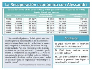 La Recuperación económica con Alessandri
Contesta:
1) ¿Qué ocurre con la inversión
pública en las distintas áreas?
2) ¿Qué áreas reciben mayor
inversión pública?
3) ¿Qué pide Alessandri a partidos
políticos y gremios para lograr la
estabilización económica?
 