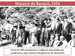 Masacre de Ranquil, 1934
Cerca de 300 campesinos e indígenas ejecutados por
carabineros, bajo ordenes del gobierno de Alessandri
 