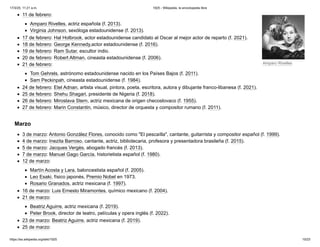 Amparo Rivelles
11 de febrero:
Amparo Rivelles, actriz española (f. 2013).
Virginia Johnson, sexóloga estadounidense (f. 2013).
17 de febrero: Hal Holbrook, actor estadounidense candidato al Oscar al mejor actor de reparto (f. 2021).
18 de febrero: George Kennedy,actor estadounidense (f. 2016).
19 de febrero: Ram Sutar, escultor indio.
20 de febrero: Robert Altman, cineasta estadounidense (f. 2006).
21 de febrero:
Tom Gehrels, astrónomo estadounidense nacido en los Países Bajos (f. 2011).
Sam Peckinpah, cineasta estadounidense (f. 1984).
24 de febrero: Etel Adnan, artista visual, pintora, poeta, escritora, autora y dibujante franco-libanesa (f. 2021).
25 de febrero: Shehu Shagari, presidente de Nigeria (f. 2018).
26 de febrero: Miroslava Stern, actriz mexicana de origen checoslovaco (f. 1955).
27 de febrero: Marin Constantin, músico, director de orquesta y compositor rumano (f. 2011).
3 de marzo: Antonio González Flores, conocido como "El pescaílla", cantante, guitarrista y compositor español (f. 1999).
4 de marzo: Inezita Barroso, cantante, actriz, bibliotecaria, profesora y presentadora brasileña (f. 2015).
5 de marzo: Jacques Vergès, abogado francés (f. 2013).
7 de marzo: Manuel Gago García, historietista español (f. 1980).
12 de marzo:
Martín Acosta y Lara, baloncestista español (f. 2005).
Leo Esaki, físico japonés, Premio Nobel en 1973.
Rosario Granados, actriz mexicana (f. 1997).
16 de marzo: Luis Ernesto Miramontes, químico mexicano (f. 2004).
21 de marzo:
Beatriz Aguirre, actriz mexicana (f. 2019).
Peter Brook, director de teatro, películas y opera inglés (f. 2022).
23 de marzo: Beatriz Aguirre, actriz mexicana (f. 2019).
25 de marzo:
Marzo
17/3/25, 11:21 a.m. 1925 - Wikipedia, la enciclopedia libre
https://es.wikipedia.org/wiki/1925 10/23
 