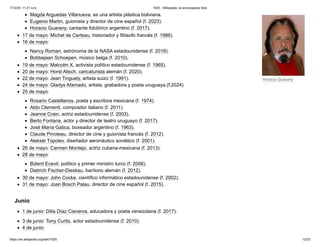 Horacio Guarany
Magda Arguedas Villanueva, es una artista plástica boliviana.
Eugenio Martin, guionista y director de cine español (f. 2023).
Horacio Guarany, cantante folclórico argentino (f. 2017).
17 de mayo: Michel de Certeau, historiador y filósofo francés (f. 1986).
16 de mayo:
Nancy Roman, astrónoma de la NASA estadounidense (f. 2018).
Bobbejaan Schoepen, músico belga (f. 2010).
19 de mayo: Malcolm X, activista político estadounidense (f. 1965).
20 de mayo: Horst Alisch, caricaturista alemán (f. 2020).
22 de mayo: Jean Tinguely, artista suizo (f. 1991).
24 de mayo: Gladys Afamado, artista, grabadora y poeta uruguaya.(f.2024)
25 de mayo:
Rosario Castellanos, poeta y escritora mexicana (f. 1974).
Aldo Clementi, compositor italiano (f. 2011).
Jeanne Crain, actriz estadounidense (f. 2003).
Berto Fontana, actor y director de teatro uruguayo (f. 2017).
José María Gatica, boxeador argentino (f. 1963).
Claude Pinoteau, director de cine y guionista francés (f. 2012).
Alekséi Túpolev, diseñador aeronáutico soviético (f. 2001).
26 de mayo: Carmen Montejo, actriz cubana-mexicana (f. 2013).
28 de mayo:
Bülent Ecevit, político y primer ministro turco (f. 2006).
Dietrich Fischer-Dieskau, barítono alemán (f. 2012).
30 de mayo: John Cocke, científico informático estadounidense (f. 2002).
31 de mayo: Joan Bosch Palau, director de cine español (f. 2015).
1 de junio: Dilia Díaz Cisneros, educadora y poeta venezolana (f. 2017).
3 de junio: Tony Curtis, actor estadounidense (f. 2010).
4 de junio:
Junio
17/3/25, 11:21 a.m. 1925 - Wikipedia, la enciclopedia libre
https://es.wikipedia.org/wiki/1925 12/23
 