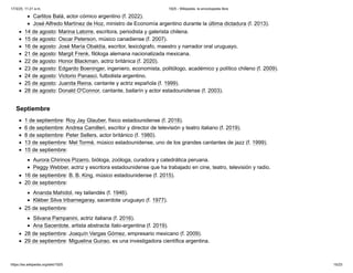 Carlitos Balá, actor cómico argentino (f. 2022).
José Alfredo Martínez de Hoz, ministro de Economía argentino durante la última dictadura (f. 2013).
14 de agosto: Marina Latorre, escritora, periodista y galerista chilena.
15 de agosto: Oscar Peterson, músico canadiense (f. 2007).
16 de agosto: José María Obaldía, escritor, lexicógrafo, maestro y narrador oral uruguayo.
21 de agosto: Margit Frenk, filóloga alemana nacionalizada mexicana.
22 de agosto: Honor Blackman, actriz británica (f. 2020).
23 de agosto: Edgardo Boeninger, ingeniero, economista, politólogo, académico y político chileno (f. 2009).
24 de agosto: Victorio Panasci, futbolista argentino.
25 de agosto: Juanita Reina, cantante y actriz española (f. 1999).
28 de agosto: Donald O'Connor, cantante, bailarín y actor estadounidense (f. 2003).
1 de septiembre: Roy Jay Glauber, físico estadounidense (f. 2018).
6 de septiembre: Andrea Camilleri, escritor y director de televisión y teatro italiano (f. 2019).
8 de septiembre: Peter Sellers, actor británico (f. 1980).
13 de septiembre: Mel Tormé, músico estadounidense, uno de los grandes cantantes de jazz (f. 1999).
15 de septiembre:
Aurora Chirinos Pizarro, bióloga, zoóloga, curadora y catedrática peruana.
Peggy Webber, actriz y escritora estadounidense que ha trabajado en cine, teatro, televisión y radio.
16 de septiembre: B. B. King, músico estadounidense (f. 2015).
20 de septiembre:
Ananda Mahidol, rey tailandés (f. 1946).
Kléber Silva Iribarnegaray, sacerdote uruguayo (f. 1977).
25 de septiembre:
Silvana Pampanini, actriz italiana (f. 2016).
Ana Sacerdote, artista abstracta ítalo-argentina (f. 2019).
28 de septiembre: Joaquín Vargas Gómez, empresario mexicano (f. 2009).
29 de septiembre: Miguelina Guirao, es una investigadora científica argentina.
Septiembre
17/3/25, 11:21 a.m. 1925 - Wikipedia, la enciclopedia libre
https://es.wikipedia.org/wiki/1925 15/23
 