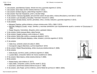 Celia Cruz
2 de octubre: José Martínez Suárez, director de cine y guionista argentino (f. 2019).
3 de octubre: Gore Vidal, escritor estadounidense (f. 2012).
5 de octubre: Emiliano Aguirre, paleontólogo español (f. 2021).
8 de octubre: Paul Van Hoeydonck, pintor y escultor belga.
10 de octubre: Francisco Aguabella, percusionista cubano de jazz latino, música afrocubana y rock latino (f. 2010).
11 de octubre: Luis González y González, historiador mexicano (f. 2003).
12 de octubre: Ernesto Schoo, escritor, periodista, crítico, cronista, traductor y guionista argentino (f. 2013).
13 de octubre:
Margaret Thatcher, política británica, primera ministra entre 1979 y 1990 (f. 2013).
Marcello Pellegrino Ernetti, monje, científico y exorcista benedictino que supuestamente ayudó a construir el Chronovisor (f.
1994).
Sergio Tarquinio, historietista, dibujante, pintor y grabador italiano.
14 de octubre: André-Jacques Marie, atleta francés.
16 de octubre: Angela Lansbury, actriz británica (f. 2022).
18 de octubre: Ramiz Alia, político y presidente albanés (f. 2011).
19 de octubre: Emilio Eduardo Massera, militar, dictador y convicto argentino (f. 2010).
21 de octubre:
Celia Cruz, cantante cubana de salsa (f. 2003).
Concepción Llaguno Marchena, química española (f. 2010)
22 de octubre: Robert Rauschenberg, artista visual pop estadounidense (f. 2008).
24 de octubre:
Sofía Acosta, escritora, poeta y profesora argentina (f. 2005).
Luciano Berio, compositor italiano de música académica (f. 2003).
27 de octubre: Mark Adams, artista estadounidense (f. 2006).
29 de octubre:
Robert Hardy, actor británico (f. 2017).
Haim Hefer, compositor, poeta y escritor israelí (f. 2012).
Zoot Sims, saxofonista estadounidense de jazz (f. 1985).
31 de octubre: John Pople, químico británico, premio Nobel de química en 1998 (f. 2004).
Octubre
17/3/25, 11:21 a.m. 1925 - Wikipedia, la enciclopedia libre
https://es.wikipedia.org/wiki/1925 16/23
 