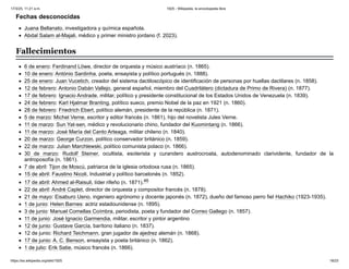 Juana Bellanato, investigadora y química española.
Abdal Salam al-Majali, médico y primer ministro jordano (f. 2023).
6 de enero: Ferdinand Löwe, director de orquesta y músico austríaco (n. 1865).
10 de enero: António Sardinha, poeta, ensayista y político portugués (n. 1888).
25 de enero: Juan Vucetich, creador del sistema dactiloscópico de identificación de personas por huellas dactilares (n. 1858).
12 de febrero: Antonio Dabán Vallejo, general español, miembro del Cuadrilátero (dictadura de Primo de Rivera) (n. 1877).
17 de febrero: Ignacio Andrade, militar, político y presidente constitucional de los Estados Unidos de Venezuela (n. 1839).
24 de febrero: Karl Hjalmar Branting, político sueco, premio Nobel de la paz en 1921 (n. 1860).
28 de febrero: Friedrich Ebert, político alemán, presidente de la república (n. 1871).
5 de marzo: Michel Verne, escritor y editor francés (n. 1861), hijo del novelista Jules Verne.
11 de marzo: Sun Yat-sen, médico y revolucionario chino, fundador del Kuomintang (n. 1866).
11 de marzo: José María del Canto Arteaga, militar chileno (n. 1840).
20 de marzo: George Curzon, político conservador británico (n. 1859).
22 de marzo: Julian Marchlewski, político comunista polaco (n. 1866).
30 de marzo: Rudolf Steiner, ocultista, esoterista y curandero austrocroata, autodenominado clarividente, fundador de la
antroposofía (n. 1861).
7 de abril: Tijon de Moscú, patriarca de la iglesia ortodoxa rusa (n. 1865).
15 de abril: Faustino Nicoli, Industrial y político barcelonés (n. 1852).
17 de abril: Ahmed al-Raisuli, líder rifeño (n. 1871).46 ​
22 de abril: André Caplet, director de orquesta y compositor francés (n. 1878).
21 de mayo: Eisaburo Ueno, ingeniero agrónomo y docente japonés (n. 1872), dueño del famoso perro fiel Hachiko (1923-1935).
1 de junio: Helen Barnes: actriz estadounidense (n. 1895).
3 de junio: Manuel Comellas Coímbra, periodista, poeta y fundador del Correo Gallego (n. 1857).
11 de junio: José Ignacio Garmendia, militar, escritor y pintor argentino
12 de junio: Gustave García, barítono italiano (n. 1837).
12 de junio: Richard Teichmann, gran jugador de ajedrez alemán (n. 1868).
17 de junio: A. C. Benson, ensayista y poeta británico (n. 1862).
1 de julio: Erik Satie, músico francés (n. 1866).
Fechas desconocidas
Fallecimientos
17/3/25, 11:21 a.m. 1925 - Wikipedia, la enciclopedia libre
https://es.wikipedia.org/wiki/1925 18/23
 