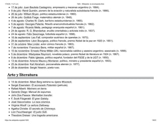 17 de julio: Juan Bautista Castagnino, empresario y mecenas argentino (n. 1884).
9 de julio: René Quintón, pionero de la aviación y naturalista autodidacta francés (n. 1866).
26 de julio: William Bryan, político estadounidense (n. 1860).
26 de julio: Gottlob Frege, matemático alemán (n. 1848).
4 de agosto: Charles W. Clark, barítono estadounidense (n. 1865).
5 de agosto: Georges Palante, filósofo anarcoindividualista francés (n. 1862).
7 de agosto: Ricardo Mella, pedagogo anarquista español (n. 1861).
24 de agosto: R. G. Bhandarkar, erudito orientalista y activista indio (n. 1837).
24 de agosto: Félix Sesúmaga, futbolista español (n. 1898).
16 de septiembre: Leo Fall, compositor austríaco de operetas (n. 1873).
29 de septiembre: Léon Bourgeois, político francés, premio Nobel de la paz en 1920 (n. 1851).
31 de octubre: Max Linder, actor cómico francés (n. 1883).
7 de noviembre: Francisco Bens, militar español (n. 1867).
10 de noviembre: Ernesto Pérez Millán (26), nacionalista católico y asesino argentino; asesinado (n. 1899).
5 de diciembre: Władysław Reymont, novelista polaco, premio Nobel de literatura en 1924 (n. 1867).
9 de diciembre: Pablo Iglesias, político español, fundador del PSOE y de la UGT (n. 1850).
13 de diciembre: Antonio Maura y Montaner, político, ministro y presidente español (n. 1853).
25 de diciembre: Karl Abraham, psicoanalista alemán (n. 1877).
28 de diciembre: Sergéi Yesenin, poeta ruso.
14 de diciembre: Alban Berg estrena su ópera Wozzeck.
Sergéi Eisenstein: El acorazado Potemkin (película).
Rafael Alberti: Marinero en tierra.
Gerardo Diego: Manual de espumas.
John Dos Passos: Manhattan transfer.
F. Scott Fitzgerald: El gran Gatsby.
José Vasconcelos: La raza cósmica.
Virginia Woolf: La señora Dalloway.
Agatha Christie: El secreto de Chimneys.
Lion Feuchtwanger: El judío Süß.
Theodore Dreiser: Una tragedia americana.
Arte y literatura
17/3/25, 11:21 a.m. 1925 - Wikipedia, la enciclopedia libre
https://es.wikipedia.org/wiki/1925 19/23
 