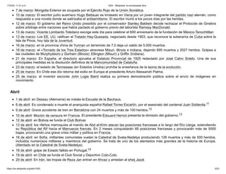 7 de marzo: Mongolia Exterior es ocupada por el Ejército Rojo de la Unión Soviética.
10 de marzo: El escritor judío austríaco Hugo Bettauer es tiroteado en Viena por un joven integrante del partido nazi alemán, como
respuesta a una novela donde se satirizaba el antisemitismo. El escritor murió a los pocos días por las heridas.
12 de marzo: El gobierno del Reino Unido presidido por el conservador Stanley Baldwin decide rechazar el Protocolo de Ginebra
sobre arbitraje entre naciones que había pactado el gobierno previo del laborista Ramsay MacDonald.
13 de marzo: Vicente Lombardo Toledano escoge este día para celebrar el 600 aniversario de la fundación de México-Tenochtitlan
13 de marzo: Los EE. UU. ratifican el Tratado Hay-Quesada, negociado desde 1903, que reconoce la soberanía de Cuba sobre la
Isla de Pinos, hoy Isla de la Juventud.
16 de marzo: en la provincia china de Yunnan un terremoto de 7,0 deja un saldo de 5.000 muertos.
18 de marzo: el «Tornado de los Tres Estados» atraviesa Misuri, Illinois e Indiana, dejando 695 muertos y 2027 heridos. Golpea a
las ciudades de Murphysboro y Gorham (Illinois); Ellington (Misuri) y Griffin (Indiana).
21 de marzo: En España, el directorio aprueba el Estatuto Provincial de 1925 redactado por José Calvo Sotelo. Una de sus
principales medidas es la disolución definitiva de la Mancomunidad de Cataluña.
23 de marzo: el estado de Tennessee (en Estados Unidos) prohíbe la enseñanza de la teoría de la evolución.
25 de marzo: En Chile ese día retorna del exilio en Europa el presidente Arturo Alessandri Palma.
25 de marzo: el inventor escocés John Logie Baird realiza su primera demostración pública sobre el envío de imágenes en
movimiento.
1 de abril: en Dessau (Alemania) se instala la Escuela de la Bauhaus.
6 de abril: Es condenado a muerte el anarquista español Rafael Torres Escartín, por el asesinato del cardenal Juan Soldevila.11 ​
9 de abril: Grave accidente de tren en Barcelona con 24 muertos y más de 100 heridos.12 ​
10 de abril: Moción de censura en Francia. El presidente Édouard Herriot presenta la dimisión del gobierno.13 ​
12 de abril: en Bolivia se funda el Club Bolívar.
13 de abril: los rifeños marroquíes al mando de Abd el-Krim atacan las posiciones francesas a lo largo del Río Uarga, extendiendo
su República del Rif hacia el Marruecos francés. En 2 meses conquistarán 48 posiciones francesas y provocarán más de 5000
bajas, provocando una grave crisis militar y política en Francia.
16 de abril: en Sofía, militantes comunistas vuelan la Catedral de Sveta-Nedelya produciendo 128 muertos y más de 500 heridos,
incluidos numerosos militares y miembros del gobierno. Se trata de uno de los atentados más grandes de la historia de Europa.
(Atentado en la Catedral de Sveta-Nedelya).
18 de abril: golpe de Estado fallido en Portugal.14 ​
19 de abril: en Chile se funda el Club Social y Deportivo Colo-Colo.
20 de abril: En Irán, las tropas de Reza Jan entran en Ahvaz y arrestan al sheij Jazal.
Abril
17/3/25, 11:21 a.m. 1925 - Wikipedia, la enciclopedia libre
https://es.wikipedia.org/wiki/1925 3/23
 