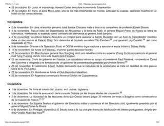 28 de octubre: En Luxor, el arqueólogo Howard Carter descubre la momia de Tutankamón.
31 de octubre: En París, el actor Max Linder, uno de los más importantes del mundo, junto con su esposa, aparecen muertos en un
hotel con las venas abiertas.
2 de noviembre: En Lima, el escritor peruano José Santos Chocano mata a tiros a su compañero de profesión Edwin Elmore.
4 de noviembre: Tras el éxito del Desembarco de Alhucemas y la toma de Axdir, el general Miguel Primo de Rivera se retira de
Marruecos, nombrando su sustituto como comisario de Marruecos al general José Sanjurjo.
4 de noviembre: La policía italiana descubre un complot para asesinar a Benito Mussolini con un fusil de francotirador mientras
daba un discurso en el Palacio Chigi. Son detenidos el diputado socialista Tito Zaniboni33 ​y el general Luigi Capello,34 ​así como
ilegalizado el PSU.
5 de noviembre: Gracias a la Operación Trust, el OGPU soviético logra capturar y ejecutar al espía británico Sidney Reilly.
11 de noviembre: Se funda Le Faisceau, el primer partido fascista francés.
23 de noviembre: En Manchuria el general Guo Songling inició una rebelión contra su superior Zhang Zuolin apoyado por el general
rival Feng Yuxiang, dando inicio a la Guerra Anti-Fengtian.
23 de noviembre: Crisis de gobierno en Francia. Los socialistas retiran su apoyo al presidente Paul Painlevé, rompiendo el Cartel
des Gauches y obligando a la formación de un gobierno de concentración presidido por Aristide Briand.35 ​
23 de noviembre: El astrónomo Edwin Hubble demuestra que la nebulosa de la andrómeda se trata en realidad de otra galaxia
fuera de la Vía Láctea.
25 de noviembre: En Honduras se funda el Club Deportivo Marathon.
29 de noviembre: En Argentina comienza la Novena Edición de Copa América.
1 de diciembre: Se firma el tratado de Locarno, en Londres, Inglaterra.
1 de diciembre: Se inicia la evacuación de la zona de Colonia por las tropas aliadas de ocupación.36 ​
2 de diciembre: La Sociedad de las Naciones dicta que Grecia deberá pagar 30 millones de levas a Bulgaria como consecuencia
de la invasión de Pétrich.31 ​
37 ​
3 de diciembre: En España finaliza el gobierno del Directorio militar y comienza el del Directorio civil, igualmente presidido por el
general Miguel Primo de Rivera.
5 de diciembre: En Portugal, el periódico O Século saca a la luz una gran trama de falsificación de billetes portugueses, dirigida por
Artur Virgílio Alves dos Reis38 ​
Noviembre
Diciembre
17/3/25, 11:21 a.m. 1925 - Wikipedia, la enciclopedia libre
https://es.wikipedia.org/wiki/1925 7/23
 