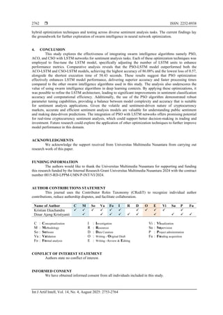  ISSN: 2252-8938
Int J Artif Intell, Vol. 14, No. 4, August 2025: 2753-2764
2762
hybrid optimization techniques and testing across diverse sentiment analysis tasks. The current findings lay
the groundwork for further exploration of swarm intelligence in neural network optimization.
4. CONCLUSION
This study explores the effectiveness of integrating swarm intelligence algorithms namely PSO,
ACO, and CSO with LSTM networks for sentiment analysis tasks. Each of these optimization techniques was
employed to fine-tune the LSTM model, specifically adjusting the number of LSTM units to enhance
performance metrics. Comparative analysis reveals that the PSO-LSTM model outperformed both the
ACO-LSTM and CSO-LSTM models, achieving the highest accuracy of 86.08% and the lowest loss of 0.57,
alongside the shortest execution time of 58.43 seconds. These results suggest that PSO optimization
effectively enhances LSTM model performance, delivering superior accuracy and faster processing times
compared to the other swarm intelligence algorithms used in this study. The analysis also underscores the
value of using swarm intelligence algorithms in deep learning contexts. By applying these optimizations, it
was possible to refine the LSTM architecture, leading to significant improvements in sentiment classification
accuracy and computational efficiency. Additionally, the use of the PSO algorithm demonstrated robust
parameter tuning capabilities, providing a balance between model complexity and accuracy that is suitable
for sentiment analysis applications. Given the volatile and sentiment-driven nature of cryptocurrency
markets, accurate and efficient sentiment analysis models are valuable for understanding public sentiment
and making data-driven predictions. The integration of PSO with LSTM networks offers promising potential
for real-time cryptocurrency sentiment analysis, which could support better decision-making in trading and
investment. Future research could explore the application of other optimization techniques to further improve
model performance in this domain.
ACKNOWLEDGMENTS
We acknowledge the support received from Universitas Multimedia Nusantara from carrying out
research work of this paper.
FUNDING INFORMATION
The authors would like to thank the Universitas Multimedia Nusantara for supporting and funding
this research funded by the Internal Research Grant Universitas Multimedia Nusantara 2024 with the contract
number 0015-RD-LPPM-UMN/P-INT/VI/2024.
AUTHOR CONTRIBUTIONS STATEMENT
This journal uses the Contributor Roles Taxonomy (CRediT) to recognize individual author
contributions, reduce authorship disputes, and facilitate collaboration.
Name of Author C M So Va Fo I R D O E Vi Su P Fu
Kristian Ekachandra ✓ ✓ ✓ ✓ ✓ ✓ ✓ ✓ ✓ ✓ ✓
Dinar Ajeng Kristiyanti ✓ ✓ ✓ ✓ ✓ ✓ ✓ ✓ ✓ ✓
C : Conceptualization
M : Methodology
So : Software
Va : Validation
Fo : Formal analysis
I : Investigation
R : Resources
D : Data Curation
O : Writing - Original Draft
E : Writing - Review & Editing
Vi : Visualization
Su : Supervision
P : Project administration
Fu : Funding acquisition
CONFLICT OF INTEREST STATEMENT
Authors state no conflict of interest.
INFORMED CONSENT
We have obtained informed consent from all individuals included in this study.
 