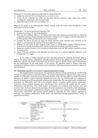 Int J Artif Intell ISSN: 2252-8938 
Optimizing long short-term memory hyperparameter for cryptocurrency sentiment … (Kristian Ekachandra)
2759
Pseudocode 4. Cat swarm optimization algorithm in tracing mode [38]
1) Update the velocities for every dimension 𝑉𝑘,𝑑 as shown in (6).
2) Verify that the velocities are within the maximum allowed velocities range. Adjust any velocity
exceeding this range back to the maximum limit.
3) Adjust the location of the cat 𝑘, according to (7).
Based on two modes in the CSO algorithm, namely, seeking mode and tracing mode. Pseudocode 5 is the
combination of the two modes.
Pseudocode 5. Cat swarm optimization algorithm [38]
1) Initialize by creating ‘N’ cats in the algorithm
2) Place the cats randomly within an ‘M’-dimensional search area, assigning velocities that are within the
predefined maximum bounds. Randomly determine a number of cats to engage in tracing mode based on
the Mixing Ratio (MR), positioning the rest in seeking mode.
3) Compute the fitness for each cat using the fitness function which measures their proximity to the
objective, and memorize the location of the most optimal cat 𝑥𝑏𝑒𝑠𝑡.
4) Relocate the cats based on their assigned modes: those in seeking mode undergo a different process,
while those in tracing mode adjust their velocity and position according to specific formulas.
5) Selectively switch a number of the cats back to tracing mode as per the MR, and the remainder continue
in seeking mode.
6) Check if the end conditions of the algorithm have been met; if so, stop the algorithm, otherwise cycle
through steps 3 to 5 again.
In the context of feature selection, the CSO algorithm operated by exploring the feature space to
discover the optimal feature combinations. Through iterations between the seeking and tracing modes, CSO
adaptively explored and utilized information from the feature space to identify feature subsets that provided
the best performance for the used model. In this process, the algorithm aimed to balance exploration
(searching for different feature combinations) and exploitation (following promising positions) to obtain an
optimal solution.
2.6. Optimizing long short-term memory using hyperparameter tuning
The hyperparameter tuning process was specifically directed towards optimizing the LSTM model
to improve its performance in sentiment analysis. The primary hyperparameter adjusted in this study was the
number of LSTM units, which determines the dimensionality of the cell state within the model and directly
influences its ability to capture sequential dependencies in the data. An LSTM model was configured to
classify the sentiment of the preprocessed cryptocurrency-related data. The optimized model configurations
determined by PSO, ACO, and CSO were compared against a baseline LSTM without optimization.
Evaluation metrics included accuracy, loss, and execution time, which provide insights into the model’s
effectiveness and efficiency. The LSTM model’s performance was evaluated using accuracy, loss, and
execution time. Accuracy measures the percentage of correct predictions; loss indicates model convergence
and execution time assesses computational efficiency. Each metric was compared across the PSO-LSTM,
ACO-LSTM, CSO-LSTM, and baseline LSTM models to determine the most effective optimization
technique. The optimal configuration of the model was determined through hyperparameter tuning, as
summarized in Table 2.
Table 2. Hyperparameter tuning
Algorithm Parameters Values
LSTM Embedding input dimension 7818
Embedding output dimension 300
Embedding input length 25
LSTM unit 256 (optimized by each swarm intelligence algorithms)
LSTM dropout 0.2
LSTM recurrent dropout 0.2
Dense classes 2
Dense activation sigmoid
Optimizer Adam
PSO, ACO, CSO n_particle, n_ants, n_cats 15
num_iterations 50
lb; ub 16; 256
 