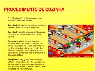 O chefe de cozinha dá as ordens para ativar os diferentes núcleos. Cozinha1:  divisão de carne bovina, frango e peixe (feitos na hora) e regulares. Cozinha 2:  ativada somente em horários de pico e exclusivamente para carne bovina. Bovinos:  O pão é tostado em uma tostadeira comum. Quando termina, a carne é colocada na chapa enquanto os contimentos são colocados no pão. Ao final, o funcionário junta e encaminha o lanche para o instrutor, que o embrulha e coloca na estufa Pão(peixe/frango):  são feitos na hora. Utilizam a tostadeira de 12 segundos. As carnes ficam em gavetas que mantém a sua boa condição.(da mesma forma como mostrado no vídeo em aula) 