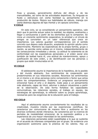 finas y gruesas, generalmente disfruta del dibujo y de las
manualidades, así como de las actividades deportivas. Su lenguaje es
fluido y estructura con cierta facilidad su pensamiento en la
producción de textos. Mejora sus habilidades de cálculo, maneja con
cierta destreza algunas de tipo mental y sin apoyos concretos.
V CICLO
En este ciclo, se va consolidando un pensamiento operativo, vale
decir que le permite actuar sobre la realidad, los objetos, analizarlos y
llegar a conclusiones a partir de los elementos que lo componen. Se
inicia un creciente sentimiento cooperativo, la amistad y el círculo de
amigos se convierten en un valor referencial que crece en
importancia. Los valores guardan correspondencia con el sentido
concreto que depara cada situación, aceptando la opinión adulta como
determinante. Mantiene las expectativas de la propia familia, grupo o
nación, se percibe como valioso en sí mismo, independientemente de
las consecuencias inmediatas y obvias. La actitud no solamente es de
conformidad con las expectativas personales y el orden social sino
también de lealtad hacia él, una actitud de mantenimiento, apoyo y
justificación de este orden, y de identificación con las personas y
grupos que están involucrados en él.
VI CICLO
El adolescente asume la importancia de lo hipotético, de lo posible
y del mundo abstracto. Sus sentimientos de cooperación son
predominantes en sus relaciones sociales. Reconoce los sentimientos
en sí mismo y en otras personas como componente o factor que actúa
sobre los comportamientos. Evidencia un progresivo acercamiento
emocional hacia el arte y el deporte. Cede paso a un pensamiento
más abstracto, capaz de intuir, adivinar o deducir situaciones a partir
de la observación. De esta forma fortalece las capacidades
comunicativas, las relaciones sociales, el trabajo en equipo, las
estrategias de aprendizaje, la reflexión sobre su propio aprendizaje,
necesarias para las exigencias de la educación para el trabajo.
VII CICLO
Aquí el adolescente asume concientemente los resultados de su
creatividad, muestra interés por las experiencias científicas. Se
caracteriza por comunicarse de manera libre y autónoma en los
diversos contextos donde interactúa. Se caracteriza por la vivencia de
períodos de inestabilidad emocional, de la expresión poética y la
experiencia de una mayor intensidad en los sentimientos.
Las relaciones personales están supeditadas a lo que se sustenta
en el acuerdo de intereses compartidos por el grupo. Se evidencia una
organización autónoma para la práctica de los valores. Hay un
35
 