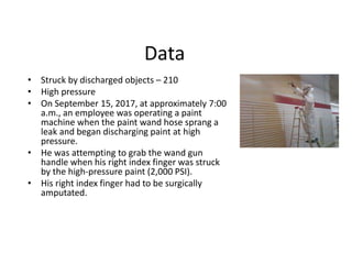 Data
• Struck by discharged objects – 210
• High pressure
• On September 15, 2017, at approximately 7:00
a.m., an employee was operating a paint
machine when the paint wand hose sprang a
leak and began discharging paint at high
pressure.
• He was attempting to grab the wand gun
handle when his right index finger was struck
by the high-pressure paint (2,000 PSI).
• His right index finger had to be surgically
amputated.
 