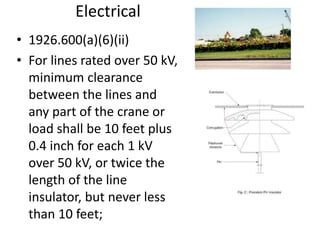Electrical
• 1926.600(a)(6)(ii)
• For lines rated over 50 kV,
minimum clearance
between the lines and
any part of the crane or
load shall be 10 feet plus
0.4 inch for each 1 kV
over 50 kV, or twice the
length of the line
insulator, but never less
than 10 feet;
 