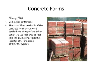 Concrete Forms
• Chicago 2006
• $13 million settlement
• The crane lifted two loads of the
concrete form, which were
stacked one on top of the other.
When the top load was 25 feet
into the air, material from the
load fell off of the crane,
striking the worker.
 