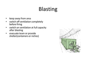 Blasting
• keep away from area
• switch off ventilation completely
before firing
• switch on ventilation at full capacity
after blasting
• evacuate team or provide
shelter(containers or niches)
 