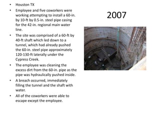 2007
• Houston TX
• Employee and five coworkers were
working attempting to install a 60-in.
by 10-ft by 0.5-in. steel pipe casing
for the 42-in. regional main water
line.
• The site was comprised of a 60-ft by
40-ft shaft which led down to a
tunnel, which had already pushed
the 60-in. steel pipe approximately
120-130-ft laterally under the
Cypress Creek.
• The employee was cleaning the
excess dirt from the 60-in. pipe as the
pipe was hydraulically pushed inside.
• A breach occurred, immediately
filling the tunnel and the shaft with
water.
• All of the coworkers were able to
escape except the employee.
 