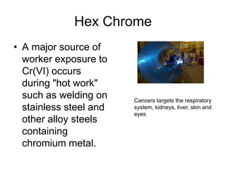 Hex Chrome
• A major source of
worker exposure to
Cr(VI) occurs
during "hot work"
such as welding on
stainless steel and
other alloy steels
containing
chromium metal.
Cancers targets the respiratory
system, kidneys, liver, skin and
eyes
 