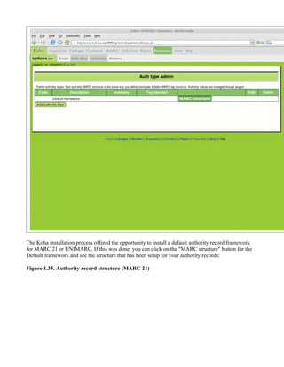 The Koha installation process offered the opportunity to install a default authority record framework
for MARC 21 or UNIMARC. If this was done, you can click on the "MARC structure" button for the
Default framework and see the structure that has been setup for your authority records:

Figure 1.35. Authority record structure (MARC 21)
 