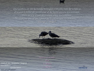 Quelquefois on me demande pourquoi j’investis tant de temps et
              d’argent à parler de gentillesse et de bonté envers les animaux
                     alors qu’il y a tant de cruauté entre les hommes.
               Ma réponse est : c’est à partir de la racine que j’y travaille !!
                                      George T. Angell




                                      Hecho en Cádiz
                                            Por
traduit de l’anglais : ingrid            I. Maria
troubadour
          19/02/2011                     LARISA                              03/02/13
 