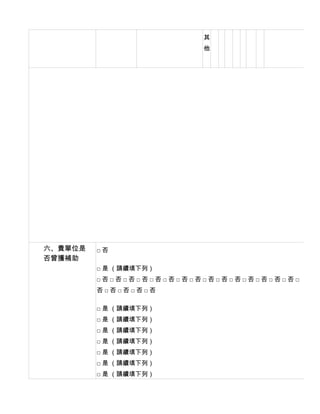 其
                         他




六、貴單位是   □否
否曾獲補助
         □ 是 （請續填下列）
         □否□否□否□否□否□否□否□否□否□否□否□否□否□否□否□
         否□否□否□否□否

         □ 是 （請續填下列）
         □ 是 （請續填下列）
         □ 是 （請續填下列）
         □ 是 （請續填下列）
         □ 是 （請續填下列）
         □ 是 （請續填下列）
         □ 是 （請續填下列）
 