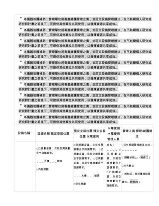 ＊ 本儀器若獲補助，管理單位將善盡維護管理之責，並訂定設備管理辦法，在不妨礙個人研究或
研究群計畫之前提下，可提供其他單位共同使用，以發揮資源共享成效。
＊ 本儀器若獲補助，管理單位將善盡維護管理之責，並訂定設備管理辦法，在不妨礙個人研究或
研究群計畫之前提下，可提供其他單位共同使用，以發揮資源共享成效。
＊ 本儀器若獲補助，管理單位將善盡維護管理之責，並訂定設備管理辦法，在不妨礙個人研究或
研究群計畫之前提下，可提供其他單位共同使用，以發揮資源共享成效。
＊ 本儀器若獲補助，管理單位將善盡維護管理之責，並訂定設備管理辦法，在不妨礙個人研究或
研究群計畫之前提下，可提供其他單位共同使用，以發揮資源共享成效。
＊ 本儀器若獲補助，管理單位將善盡維護管理之責，並訂定設備管理辦法，在不妨礙個人研究或
研究群計畫之前提下，可提供其他單位共同使用，以發揮資源共享成效。
＊ 本儀器若獲補助，管理單位將善盡維護管理之責，並訂定設備管理辦法，在不妨礙個人研究或
研究群計畫之前提下，可提供其他單位共同使用，以發揮資源共享成效。
＊ 本儀器若獲補助，管理單位將善盡維護管理之責，並訂定設備管理辦法，在不妨礙個人研究或
研究群計畫之前提下，可提供其他單位共同使用，以發揮資源共享成效。
＊ 本儀器若獲補助，管理單位將善盡維護管理之責，並訂定設備管理辦法，在不妨礙個人研究或
研究群計畫之前提下，可提供其他單位共同使用，以發揮資源共享成效。
＊ 本儀器若獲補助，管理單位將善盡維護管理之責，並訂定設備管理辦法，在不妨礙個人研究或
研究群計畫之前提下，可提供其他單位共同使用，以發揮資源共享成效。
＊ 本儀器若獲補助，管理單位將善盡維護管理之責，並訂定設備管理辦法，在不妨礙個人研究或
研究群計畫之前提下，可提供其他單位共同使用，以發揮資源共享成效。

                                         水電使用
                       預定安裝位置 預定安裝                 管理人員 管理/維護辦
設備名稱   設備名稱 預定安裝位置                       水電使用
                         位置 水電使用                           法
                                         管理人員
                       □ 已規劃妥當，目前空間      姓 名 ： ＿ ＿ □已有相關管理辦法 姓名：
       □已規劃妥當，目前空間規劃   規劃合乎設備需求。 □ 已     ＿＿＿＿   □ ＿＿＿＿＿＿
       合乎設備需求。         規劃妥當，目前空間規劃       已 規 劃 妥
                       合乎設備需求。   □ 已規劃   當 ， 目 前 空 （請務必附上- - 附件二）
       ＿＿＿大樓＿＿＿號房
                       妥當，目前空間規劃合乎       間規劃合乎
                                                   □未有辦法
                       設備需求。             設備需求。
       □仍在規劃
                                         □已規劃妥
                                                   （將制訂，並於獲補助後
                       ＿＿＿大樓＿＿＿號房        當，目前空
                                         間 規 劃 合 乎 補送- - 附件四）
                       □仍在規劃
                                         設備需求。
 