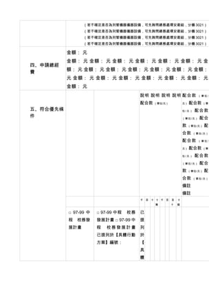 （若不確定是否為列管機器儀器設備，可先詢問總務處環安衛組，分機 3021）
                （若不確定是否為列管機器儀器設備，可先詢問總務處環安衛組，分機 3021）
                （若不確定是否為列管機器儀器設備，可先詢問總務處環安衛組，分機 3021）
                （若不確定是否為列管機器儀器設備，可先詢問總務處環安衛組，分機 3021）

          金額： 元
          金額： 元 金額： 元 金額： 元 金額： 元 金額： 元 金額： 元 金
四、申請總經
          額： 元 金額： 元 金額： 元 金額： 元 金額： 元 金額： 元 金額：
費
          元 金額： 元 金額： 元 金額： 元 金額： 元 金額： 元 金額： 元
          金額： 元
                                       說明 說明 說明 說明 配 合 款                  （單位/

                                       配合款 （單位/元）              元）   配合款 （單
五、符合優先條                                                        位/元）   配合款
件                                                              （單 位/ 元）   配合
                                                               款    （單位/元）   配
                                                               合款     （單位/元）

                                                               配合款        （單位/

                                                               元）   配合款 （單
                                                               位/元）   配合款
                                                               （單 位/ 元）   配合
                                                               款    （單位/元）   配
                                                               合款     （單位/元）

                                                               備註
                                                               備註
                                       千   百 十 十 千 百   百   十
                                              萬        十   個


          □ 97-99 中   □ 97-99 中程　校務    已
          程　校務發       發展計畫 □ 97-99 中   提
          展計畫         程　校務發展計畫         列
                      已提列於【具體行動        於
                      方案】編號：           【
                                       具
                                       體
 