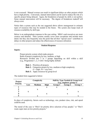 Chapter 8 Scheduling Resources and Costs 19
is not overused. Manual overuse can result in significant delays on other projects which
have a high priority. Conversely, manual intervention can be used to reduce the risk of a
specific project being delayed. Again, the breakdown of people by skills is not perfect.
Some manual intervention will be necessary. The degree of breakdown tradeoff will
always exist.
Notice that a system such as the one suggested above allows management to estimate
types of resources that may be needed in the future. The system also keeps track of
resource availability by skill type.
Below is an undergraduate response to the case setting. MBA’s and executives are more
creative and detailed. Their systems usually cover more exceptions and include more
detail, but they also frequently miss the point that all their “special cases” contribute to
delays in other projects and reduce the effectiveness of resource utilization.
Student Response
Inputs:
Project priority system which ranks projects
Rank of project complexity by low, medium, or high
Resources divided into 2 or 3 groups depending on skill within a skill
(e.g., Programmer 1, 2, 3 with 1 being highly skilled)
Rule 1. Prioritize all projects
Rule 2. Categorize project by low, medium or high complexity
(1 = high, 10 = very low)
Rule 3. Apply resources by group level
The student form suggested is below:
Project
Priority
Complexity Skill by Type Needed & Group level
(e.g., engineer, group 1)
Low Medium High Group 1 Group 2 Group 3
1 x x
2 x x
3 x x
4 x x
5 x x
In place of complexity, factors such as technology, size, product class, risk, and speed
could be used.
The moral of the case is “Don’t let priority drive selection of key people,” or “Don’t
waste super stars on low priority projects.”
 