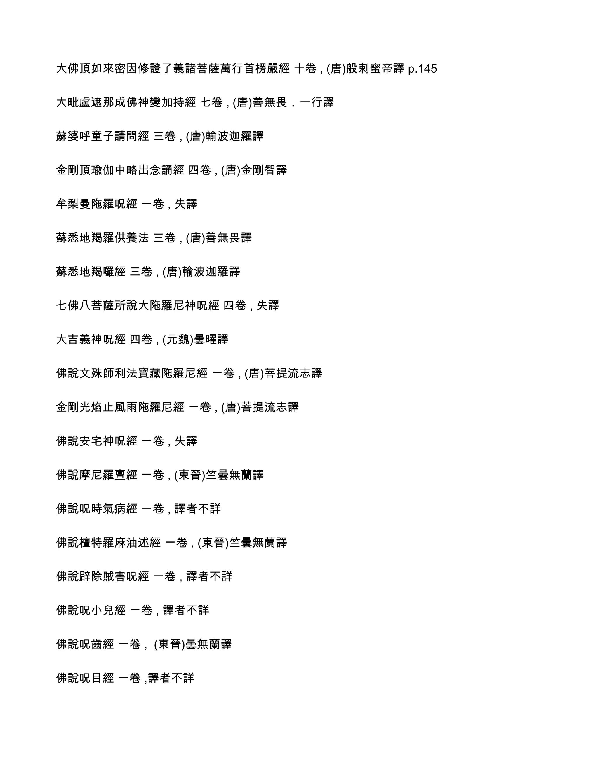 大佛頂如來密因修證了義諸菩薩萬行首楞嚴經 十卷 , (唐)般剌蜜帝譯 p.145

大毗盧遮那成佛神變加持經 七卷 , (唐)善無畏．一行譯

蘇婆呼童子請問經 三卷 , (唐)輸波迦羅譯

金剛頂瑜伽中略出念誦經 四卷 , (唐)金剛智譯

牟梨曼陁羅呪經 ㄧ卷 , 失譯

蘇悉地羯羅供養法 三卷 , (唐)善無畏譯

蘇悉地羯囉經 三卷 , (唐)輸波迦羅譯

七佛八菩薩所說大陁羅尼神呪經 四卷 , 失譯

大吉義神呪經 四卷 , (元魏)曇曜譯

佛說文殊師利法寶藏陁羅尼經 ㄧ卷 , (唐)菩提流志譯

金剛光焰止風雨陁羅尼經 ㄧ卷 , (唐)菩提流志譯

佛說安宅神呪經 ㄧ卷 , 失譯

佛說摩尼羅亶經 ㄧ卷 , (東晉)竺曇無蘭譯

佛說呪時氣病經 ㄧ卷 , 譯者不詳

佛說檀特羅麻油述經 ㄧ卷 , (東晉)竺曇無蘭譯

佛說辟除賊害呪經 ㄧ卷 , 譯者不詳

佛說呪小兒經 ㄧ卷 , 譯者不詳

佛說呪齒經 ㄧ卷 , (東晉)曇無蘭譯

佛說呪目經 ㄧ卷 ,譯者不詳
 