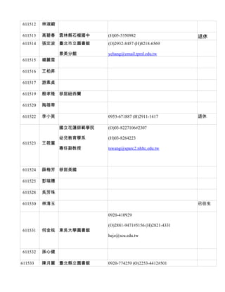 611512   林淑緞

611513   高碧春 雲林縣石榴國中      (H)05-5350982                    退休
611514   張定波 臺北市立圖書館      (O)2932-8457 (H)8218-6569

               景美分館       ychang@email.tpml.edu.tw
611515   楊麗雪

611516   王柏昇

611517   游素貞

611519   殷孝隆 移居紐西蘭

611520   陶蓓蒂

611522   李小英              0953-671887 (H)2911-1417         退休

               國立花蓮師範學院   (O)03-8227106#2307

               幼兒教育學系     (H)03-8264223
611523   王筱篁
               專任副教授      tswang@sparc2.nhltc.edu.tw



611524   薛梅芳 移居美國

611525   彭瑞穗

611528   吳芳珠

611530   林清玉                                               已往生

                          0920-410929

                          (O)2881-9471#5156 (H)2821-4331
611531   何金枝 東吳大學圖書館
                          hejz@scu.edu.tw


611532   孫心健

611533   陳月麗 臺北縣立圖書館      0920-774259 (O)2253-4412#501
 