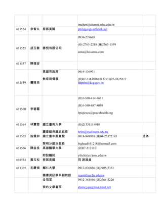 tmchen@alumni.nthu.edu.tw
611554   余智玄 移居美國          philipyu@earthlink.net

                           0936-239688

                           (O) 2763-2218 (H)2763-1359
611555   胡玉衡 勝悅有限公司
                           anna@luisanna.com


611557   陳福安

               高雄市政府       0919-136991

               教育局督學       (O)07-3363888#2132 (H)07-2615877
611559   費陪弟               feipeiti@kcg.gov.tw



                           (O)1-360-414-7631

                           (H)1-360-687-8069
611560   李碧霞
                           bpopescu@peacehealth.org


611564   林蕙蓉 國立臺南大學        (O)2133111#918

             圖書館典藏組組長      hrlin@mail.nutn.edu.tw
611565   施慧如 國立臺中圖書館       0918-848938 (H)04-25372195         退休

             黎明分館分館長       bighead411218@hotmail.com
611566   陳益良 高雄醫學大學        (O)07-3121101

             附設醫院          yilich@cc.kmu.edu.tw
601534   黃玉松 移居美國          同 游淑貞

611305   毛慶禎 輔仁大學          0912-830886 (O)2905-2333

               圖書資訊學系副教授   mao@lins.fju.edu.tw
               金石堂         0932-384516 (O)2364-5220

               我的文學書房      elaine.yen@msa.hinet.net
 
