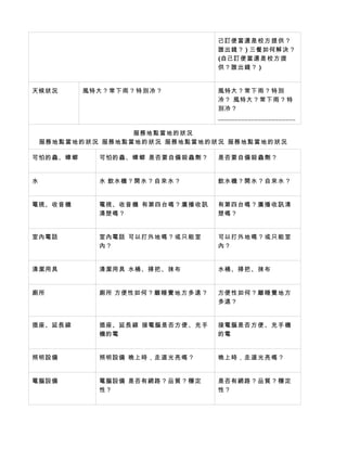 己訂便當還是 校 方 提 供 ？
                                           誰出錢？ ) 三餐如何解決 ？
                                           (自己訂便當還 是 校 方 提
                                           供？誰出錢？ )


天候狀況        風特大？常下雨 ？ 特 別 冷 ？              風特大？常下 雨 ？ 特 別
                                           冷？ 風特大？常下 雨 ？ 特
                                           別冷？
                                           _______________________

                     服務地點當地的 狀 況
    服務地點當地的 狀 況 服務地點當地的 狀 況 服務地點當地的 狀 況 服務地點當地的 狀 況

可怕的蟲、蟑 螂       可怕的蟲、蟑 螂 是否要自備殺 蟲 劑 ？       是否要自備殺 蟲 劑 ？


水              水 飲水機？開水 ？ 自 來 水 ？          飲水機？開水 ？ 自 來 水 ？


電視、收音機         電視、收音機 有第四台嗎？ 廣 播 收 訊       有第四台嗎？ 廣 播 收 訊 清
               清楚嗎？                        楚嗎？


室內電話           室內電話 可以打外地嗎 ？ 或 只 能 室       可以打外地嗎 ？ 或 只 能 室
               內？                          內？


清潔用具           清潔用具 水桶、掃把、 抹 布             水桶、掃把、 抹 布


廁所             廁所 方便性如何？ 離 睡 覺 地 方 多 遠 ？   方便性如何？ 離 睡 覺 地 方
                                           多遠？


插座、延長線         插座、延長線 接電腦是否方 便 、 充 手       接電腦是否方 便 、 充 手 機
               機的電                         的電


照明設備           照明設備 晚上時，走道 光 亮 嗎 ？         晚上時，走道 光 亮 嗎 ？


電腦設備           電腦設備 是否有網路？ 品 質 ？ 穩 定       是否有網路？ 品 質 ？ 穩 定
               性？                          性？
 