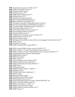 ��.1Academic Free License 3.0 (AFL 3.0) **
��.2Affero GNU Public License **
��.3Adaptive Public License
��.4Apache License, 2.0 **
��.5Apple Public Source License **
��.6Artistic license 2.0 **
��.7Attribution Assurance Licenses
��.8New and Simplified BSD licenses **
��.9Boost Software License (BSL1.0) **
��.10Computer Associates Trusted Open Source License 1.1
��.11Common Development and Distribution License **
��.12Common Public Attribution License 1.0 (CPAL) **
��.13Common Public License 1.0 **
��.14CUA Office Public License Version 1.0
��.15EU DataGrid Software License **
��.16Eclipse Public License **
��.17Educational Community License, Version 2.0 **
��.18Eiffel Forum License V2.0 **
��.19Entessa Public License
��.20European Union Public License (link to every language's version on their site) **
��.21Fair License
��.22Frameworx License
��.23GNU General Public License (GPL) **

��.24GNU General Public License version 3.0 (GPLv3) **
��.25GNU Library or "Lesser" General Public License (LGPL) **
��.26GNU Library or "Lesser" General Public License version 3.0 (LGPLv3) **
��.27Historical Permission Notice and Disclaimer
��.28IBM Public License **
��.29IPA Font License
��.30ISC License **
��.31Lucent Public License Version 1.02 **
��.32Microsoft Public License (Ms-PL) **
��.33Microsoft Reciprocal License (Ms-RL) **
��.34MIT license
��.35Motosoto License
��.36Mozilla Public License 1.1 (MPL) **
��.37Multics License
��.38NASA Open Source Agreement 1.3
��.39NTP License
��.40Naumen Public License
��.41Nethack General Public License
��.42Nokia Open Source License **
��.43Non-Profit Open Software License 3.0 (Non-Profit OSL 3.0)
��.44OCLC Research Public License 2.0
��.45Open Font License 1.1 (OFL 1.1)
��.46Open Group Test Suite License
��.47Open Software License 3.0 (OSL 3.0) **
��.48PHP License **
 