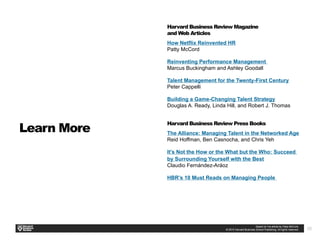 30
Learn More
​
Harvard Business Review Magazine
and Web Articles
​
How Netflix Reinvented HR
​
Patty McCord
​
Reinventing Performance Management
​
Marcus Buckingham and Ashley Goodall
​
Talent Management for the Twenty-First Century
​
Peter Cappelli
​
Building a Game-Changing Talent Strategy
​
Douglas A. Ready, Linda Hill, and Robert J. Thomas
​
Harvard Business Review Press Books
​
The Alliance: Managing Talent in the Networked Age
​
Reid Hoffman, Ben Casnocha, and Chris Yeh
​
It’s Not the How or the What but the Who: Succeed
by Surrounding Yourself with the Best
​
Claudio Fernández-Aráoz
​
HBR’s 10 Must Reads on Managing People
 