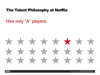 5
The Talent Philosophy at Netflix
​
Hire only “A” players.
 
