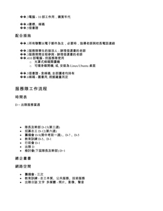 ��.3電腦 - 10 部工作用，購買年代

 ��.4書標、條碼
 ��.5借書證

配合措施

 ��.1所有聯繫以電子郵件為主，必要時，指導老師與校長電話連絡

 ��.2服務隊學生的接洽人 - 辦理借還書的老師
 ��.3服務期間全程參與 - 辦理借還書的老師
 ��.410 部電腦 - 供服務隊使用
      o 光罩式條碼閱讀機
      o 可隨身碟開機, 或, 安裝為 Linux/Ubuntu 桌面

 ��.5借書證 - 含條碼, 全部讀者均持有
 ��.6條碼 - 圖書用, 視館藏量而定


服務隊工作流程
時間表

D = 出隊服務當週




 •   隊長及幹部 D-15(第三週)
 •   招募志工 D-12(第六週)
 •   籌備會 D-9(期中考前一週) 、D-7 、D-5
 •   教育訓練 D-5、D-1
 •   行前會 D-1
 •   出隊 D
 •   檢討會(下屆隊長及幹部) D+1

總企畫書

網路空間

 •   籌備會 - 三次
 •   教育訓練 - 志工本質、公共服務、技術服務
 •   出隊日誌 文字 多媒體 - 照片、影像、聲音
 