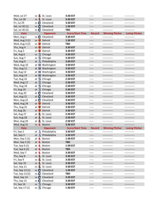 Wed,	Jul	27 vs								St.	Louis 3:30	EST 	----- 	------------ 	------------
Thu,	Jul	28 vs								St.	Louis 3:30	EST 	----- 	------------ 	------------
Fri,	Jul	29 vs								Cleveland 3:30	EST 	----- 	------------ 	------------
Sat,	Jul	30	(1) vs								Cleveland 1:30	EST 	----- 	------------ 	------------
Sat,	Jul	30	(2) vs								Cleveland TBD 	----- 	------------ 	------------
Date Opponent Score/Start	Time Record Winning	Pitcher Losing	Pitcher
Mon,	Aug	1 vs								Cleveland 3:30	EST 	----- 	------------ 	------------
Wed,	Aug	3	(1) vs								Detroit 1:30	EST 	----- 	------------ 	------------
Wed,	Aug	3	(2) vs								Detroit TBD 	----- 	------------ 	------------
Thu,	Aug	4 vs								Detroit 3:30	EST 	----- 	------------ 	------------
Fri,	Aug	5 vs								Detroit 3:30	EST 	----- 	------------ 	------------
Sat,	Aug	6 vs								Chicago 3:30	EST 	----- 	------------ 	------------
Sun,	Aug	7 vs								Chicago 3:30	EST 	----- 	------------ 	------------
Tue,	Aug	9 at								Philadelphia 3:30	EST 	----- 	------------ 	------------
Wed,	Aug	10 at								Washington 3:30	EST 	----- 	------------ 	------------
Thu,	Aug	11 at								Washington 3:30	EST 	----- 	------------ 	------------
Sat,	Aug	13 at								Washington 3:30	EST 	----- 	------------ 	------------
Sun,	Aug	14 at								Washington 3:30	EST 	----- 	------------ 	------------
Tue,	Aug	16 at								Chicago 2:30	EST 	----- 	------------ 	------------
Wed,	Aug	17 at								Chicago 2:30	EST 	----- 	------------ 	------------
Thu,	Aug	18 at								Chicago 2:30	EST 	----- 	------------ 	------------
Fri,	Aug	19 at								Chicago 2:30	EST 	----- 	------------ 	------------
Sat,	Aug	20 at								Cleveland 3:30	EST 	----- 	------------ 	------------
Sun,	Aug	21 at								Cleveland 3:30	EST 	----- 	------------ 	------------
Mon,	Aug	22 at								Cleveland 3:30	EST 	----- 	------------ 	------------
Wed,	Aug	24 at								Detroit 3:30	EST 	----- 	------------ 	------------
Thu,	Aug	25 at								Detroit 3:30	EST 	----- 	------------ 	------------
Fri,	Aug	26 at								Detroit 3:30	EST 	----- 	------------ 	------------
Sat,	Aug	27 at								St.	Louis 2:30	EST 	----- 	------------ 	------------
Sun,	Aug	28 at								St.	Louis 2:30	EST 	----- 	------------ 	------------
Mon,	Aug	29 at								St.	Louis 2:30	EST 	----- 	------------ 	------------
Wed,	Aug	31 vs								Boston 3:30	EST 	----- 	------------ 	------------
Date Opponent Score/Start	Time Record Winning	Pitcher Losing	Pitcher
Fri,	Sep	2 at								Philadelphia 3:30	EST 	----- 	------------ 	------------
Sat,	Sep	3 at								Philadelphia 3:30	EST 	----- 	------------ 	------------
Mon,	Sep	5	(1) at								Boston 1:30	EST 	----- 	------------ 	------------
Mon,	Sep	5	(2) at								Boston TBD 	----- 	------------ 	------------
Tue,	Sep	6	(1) at								Boston 1:30	EST 	----- 	------------ 	------------
Tue,	Sep	6	(2) at								Boston TBD 	----- 	------------ 	------------
Wed,	Sep	7 at								Boston 3:30	EST 	----- 	------------ 	------------
Thu,	Sep	8 vs								St.	Louis 3:30	EST 	----- 	------------ 	------------
Fri,	Sep	9 vs								St.	Louis 3:30	EST 	----- 	------------ 	------------
Sat,	Sep	10 vs								St.	Louis 3:30	EST 	----- 	------------ 	------------
Sun,	Sep	11 vs								St.	Louis 3:30	EST 	----- 	------------ 	------------
Tue,	Sep	13	(1) vs								Cleveland 1:30	EST 	----- 	------------ 	------------
Tue,	Sep	13	(2) vs								Cleveland TBD 	----- 	------------ 	------------
Wed,	Sep	14 vs								Cleveland 3:30	EST 	----- 	------------ 	------------
Thu,	Sep	15 vs								Cleveland 3:30	EST 	----- 	------------ 	------------
Fri,	Sep	16 vs								Chicago 3:30	EST 	----- 	------------ 	------------
Sat,	Sep	17	(1) vs								Chicago 1:30	EST 	----- 	------------ 	------------
 
