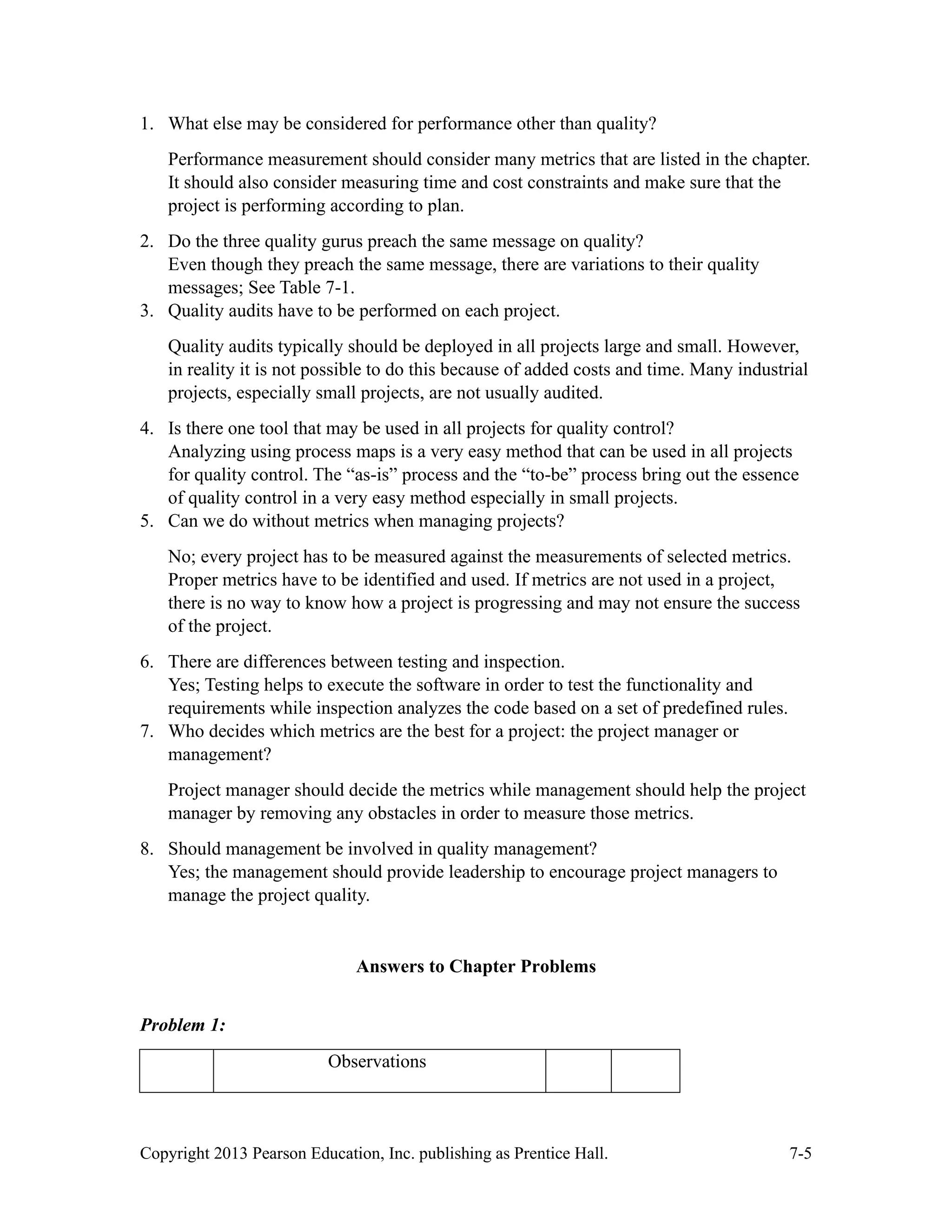 Copyright 2013 Pearson Education, Inc. publishing as Prentice Hall. 7-5
1. What else may be considered for performance other than quality?
Performance measurement should consider many metrics that are listed in the chapter.
It should also consider measuring time and cost constraints and make sure that the
project is performing according to plan.
2. Do the three quality gurus preach the same message on quality?
Even though they preach the same message, there are variations to their quality
messages; See Table 7-1.
3. Quality audits have to be performed on each project.
Quality audits typically should be deployed in all projects large and small. However,
in reality it is not possible to do this because of added costs and time. Many industrial
projects, especially small projects, are not usually audited.
4. Is there one tool that may be used in all projects for quality control?
Analyzing using process maps is a very easy method that can be used in all projects
for quality control. The “as-is” process and the “to-be” process bring out the essence
of quality control in a very easy method especially in small projects.
5. Can we do without metrics when managing projects?
No; every project has to be measured against the measurements of selected metrics.
Proper metrics have to be identified and used. If metrics are not used in a project,
there is no way to know how a project is progressing and may not ensure the success
of the project.
6. There are differences between testing and inspection.
Yes; Testing helps to execute the software in order to test the functionality and
requirements while inspection analyzes the code based on a set of predefined rules.
7. Who decides which metrics are the best for a project: the project manager or
management?
Project manager should decide the metrics while management should help the project
manager by removing any obstacles in order to measure those metrics.
8. Should management be involved in quality management?
Yes; the management should provide leadership to encourage project managers to
manage the project quality.
Answers to Chapter Problems
Problem 1:
Observations
 
